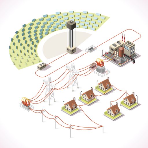 Concentrating Solar Power Systems CSP Plant Farms. Isometric Electric Power Station Electricity Grid and Energy Supply Chain. Energy Management Diagram 3d Vector Illustration